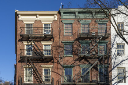 Fire escapes on Greenwich Village apartment buildings