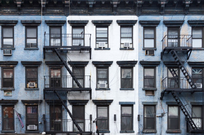 NYC Blue and white brick apartment buildings in the East Village of Manhattan in New York City