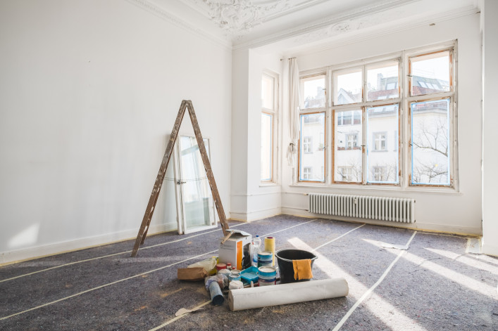 Renovation concept - room in old building during restoration stock photo